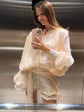 GETADME Elegant Layer Ruffles Solid High Waist Mini Dresses Women Lace Up Fashion O-neck Pleated Blouse Dress 2025 Lady Chic Outfits