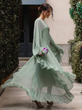 GETADME Elegant Solid Multiple Flounces Lace Up Dresses Chic Loose V Neck Full Sleeve Robes New Lady Summer Commute Vacation Gown 2025