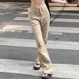 GETADME 여성 하이웨이스트 패션 루즈 플레어 청바지 여성 아메리칸 캐주얼 벨보텀 팬츠 여아 디자이너 카키 데님 카고 팬츠