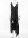 GETADME 2025 Women Sexy V-neck Lace Patchwork Black Dress Y2K Streetwear Fashion Spaghetti Strap Irregular Split Solid Long Slip Dresses