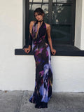 GETADME Backless Maxi Dress Women Sexy Purple Print Halter Bodycon Dress Summer Beach Outfits Elegant Sleeveless Club Party Dress 2025