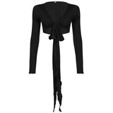 GETADME Cuteandpsycho Solid Slim Lace Up Leisure Shirts Long Sleeves V-neck Chic Basics Clothes Y2K Streetwear Casual Tops for Women