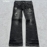 GETADME Summer Streetwear Embroidered Flare Jeans Men Y2K Retro Gothic Punk Casual Harajuku Distressed Vintage Black Denim Pants Unisex