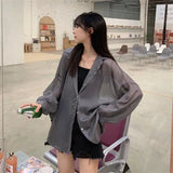 GETADME Shirt for Women Blouse Long Sleeve Top Female Chiffon Loose Cardigan Thin Sexy Solid Color Casual Shirt