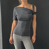 GETADME Women T Shirt Asymmetrial Twist Up Short Sleeve Solid Skew Collar Female Tops Tee Summer 2025 Sexy Slim Streetwear Clothes