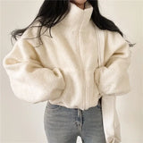 Getadme-Cropped Fleece Jacket Y2k Lambs Wool Oversized Jackets Thicken Coats Korean Streetwear Women's Moto Biker Zipper Jacket