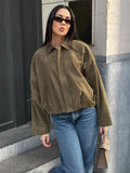 GETADME HH Women Brown Green Suede Jacket Loose Casual Bomber Coat Lapel Zipper Long Sleeve Jackets Vintage Lady Motorcycle Outwears