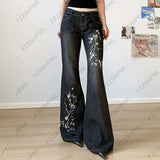 GETADME Women's Floral Embroidered Jeans Spring and Autumn Retro Low-Rise Flared Pants Loose Knit Basic Style All-match Streetwear 2000s