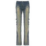 GETADME Vintage Light Wash Distressed Paneled Jeans Y2K Slim-Fitting Low-Waisted Stitched Denim Pants Women 2025 Streetwear Retro Jeans