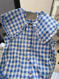 GETADME Zoki Cute Vintage Plaid Shirt Women Loose Sleeveless Summer Sweet Blouse Korean Retro Casual Peter Pan Collar Preppy Style Tops
