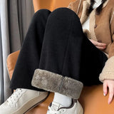 Autumn Winter Berber Fleece Women Thicken Pants Korean Fashion Corduroy Solid Elastic Waist Casual Warm Straight Full Trousers