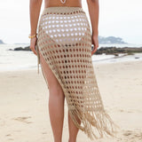 GETADME 2025 Summer Swimsuit Cover Ups Skirts for Women High Waist Hollow Split Tassel Stitching Knitted Transparent Midi Skirts