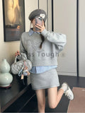 GETADME Preppy Style Fashion 3 Piece Sets Women Casual Sweatshirts + Stripe Shirt + Mini Skirts Korea Chic Outwear Bow Y2k Suits Autumn