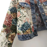 GETADME Chinese retro jacquard long-sleeved round neck denim jacket women's spring new fashion temperament short Joker little jacket.