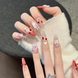 GETADME 10PCS 3D Cherry Bowknot Decor Handmade Press on Nails Glitter Almond Sweet Fake Nails Wearable Blush Cat's Eye False Nails Art
