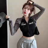 GETADME 한국 레트로 모터사이클 하프 하이넥 숏 지퍼 크롭 탑 봄 가을 스파이시 엘라스틱 하이웨이스트 긴팔 티셔츠