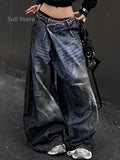 GETADME Blue Womens Jeans High Waist Vintage Design Hip Hop Straight Baggy Denim Pants Street Y2K American Style Wide Leg Denim Trouser