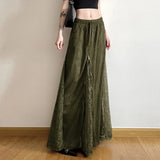 GETADME Green Retro Zipper Patchwork Lace Half Skirt Drawstring Elastic Waist Pocket Long Skirt Spring/Summer New Ethnic Style Skirt