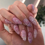 GETADME 24Pcs 3D Strawberry Rabbit Flower Fake Nails Press on Mid-length Almond Wearable False Nails Green Gradient Pearl Manicure Tips