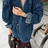 GETADME Women Denim Jacket 2025 Spring Autumn Retro Double Breasted Shoulder Padded V Neck Loose Casual Long Blue Denim Coat