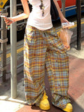 GETADME Y2K Plaid Wide Leg Pants Women Summer Streetwear High Waist Loose All Match Pants Casual Pockets Lady Mopping Trousers