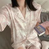 GETADME 여성용 2개 세트 귀여운 프린트 반팔 버튼 탑 및 반바지 핑크색 잠옷 부드럽고 편안한 홈웨어 캐주얼 라운지웨어 파자마 세트