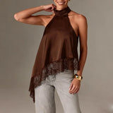 GETADME Women Y2k Mock Neck Halter Top Satin Lace Asymmetrical Hem Tank Tops Sleeveless Elegant Going Out Crop Tops