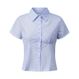 GETADME Women Summer Kawaii Solid Shirring Button Up Turn Down Collar Short Sleeve White Shirts Ladies Office Casual Summer Clothes