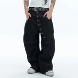 GETADME Korean High Street Buckle Curved Jeans Autumn Men'S Loose Straight Leg Pants Black Wide Leg Pants Casual Pants Hip-Hop Pants