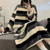 GETADME Winter Warm Pajamas Coral Fleece Long Sleeve Dresses Midi Length Cartoon Student Flannel Home Nightdress Striped Thickened Pajam