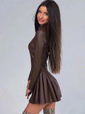 GETADME Trendix Long Sleeve Ruffle PU Dress Women 2025 Slim High Waist Zipper Mini Dresses Fashion Vintage Elegant A-Line Leather Dress