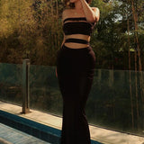 GETADME 여성용 새로운 매칭 세트 할로우 아웃 붕대 슬리브리스 튜브 탑 + 하이 웨이스트 롱 스커트 여름 클럽 2피스 의상 스트리트웨어