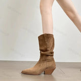 GETADME Women Western Cowboy Boots 2025 Autumn Suede Leather Ladies Shoe Elegant Slip on Mid Calf Booties Vintage Thick Heel Pointed Toe
