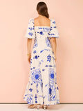 GETADME 2025 Summer Fashion New Women's Elegant Bohemian Dress with Printed Temperament One Collar Lantern Sleeve Long Dress
