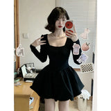 Getadme-Y2K Black Mini Dress Women Korean Square Collar Long Sleeve One Pieces Dresses Party Prom Elegant Bodycon A Line Vestidos