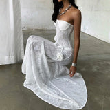 GETADME Summer Lace Strapless 3D Flowers Appliques Long Sleeveless Prom Club Dress See Through Sexy Solid Sheath Dress Vestidos