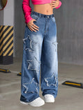 GETADME Girl's Y2K New Five-Star Patch Trendy Straight-Leg Jeans, Elastic Waist, Comfortable Fabric, Suitable for All Seasons to Wear.