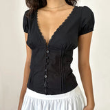 GETADME Maemukilabe French Style Lace Trim Crop Tops Women V Neck Button Up Milkmaid Blouse Cottage Fairy Y2K T-shirt Vintage Streetwear