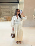 GETADME Fashion Lace Hollow Out Long Dress For Women V-neck Full Sleeve Single Breasted Robe 2025 Summer Elegant Female Casual Dresses