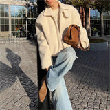 GETADME Winter Fashion Solid Color Lamb Wool Solid Color Jacket Flip Collar Women's Thick Warm Zipper Long Sve Short Coat 2025 New Wo