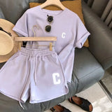 GETADME ﻿ 2 Piece Set Women Summer Loose Short Sleeve T-Shirt Casual Shorts Sports Print Letter Casual Suit Large Size Short Pajamas