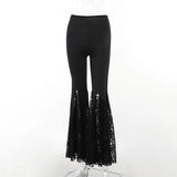 GETADME Gothic Dark Flocking Pants Women Streetwear Aesthetic Emo Alt Grunge See Through Lace-up High Waist Flare Pants Female