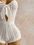 GETADME Boho White Crochet Romper for Women Front Tie Hollow Out Sleeveless Backless Knitted Playsuit Beach Holiday Outfit