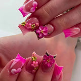 GETADME 24개입 중간 길이 사각형 헤드 가짜 손톱 프레스온 그린 프렌치 3D 꽃 디자인 가짜 손톱 재사용 가능 완성형 풀 커버 네일 팁