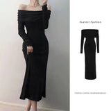 GETADME One Shoulder Style Long Sleeve Dress For Women In Spring And Summer Ladies’ Fashion Solid Color Sexy Basic Slim Fit Long Skirt