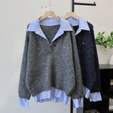 GETADME Pullovers Women Sweaters Two Fakes Turn Down Collar Full Sleeve Y2k Streetwear Elegant Splice Knit Striped Autumn Winter 2025