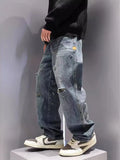 GETADME Men's Baggy Ripped Jeans Fashion Hip Hop Hole Streetwear Distressed Washed Trousers Straight Loose American Denim Pants