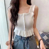 Getadme-Y2K Sexy OFF White Ruffles Sleeveless Tops Buttons Cute Women Cropped T-shirt New Streetwear Stripe Summer