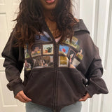 GETADME Y2K Retro Brown Washed Hoodie Pixel Paint Print Gallery Zipper Sweatshirt Trendy Distressed Streetwear Unisex Oversize Clothing