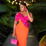 GETADME 2025 New Fashion Orange Color Women Sleeveless Sexy V-Neck Ruffles Bodycon Mid-calf Bandage Dress Birthday Celebrate Party Dress